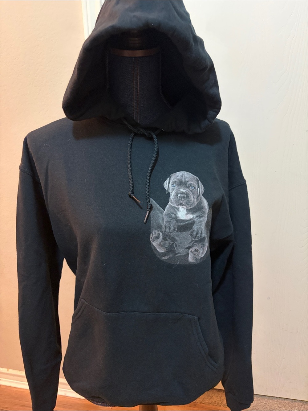 Jerzees Black Hoodie with Gray Puppy Graphic